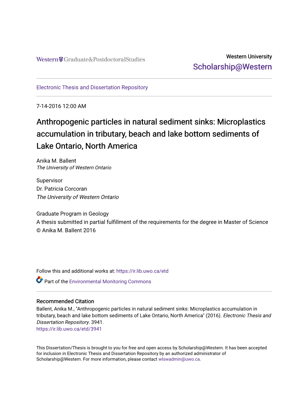 Microplastics Accumulation in Tributary, Beach and Lake Bottom Sediments of Lake Ontario, North America