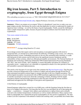 Big Iron Lessons, Part 5: Introduction to Cryptography, from Egypt Through Enigma Page 1 of 10