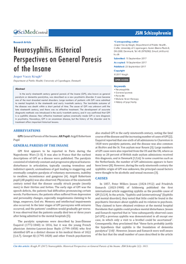 Neurosyphilis. Historical Perspectives on General Paresis of the Insane