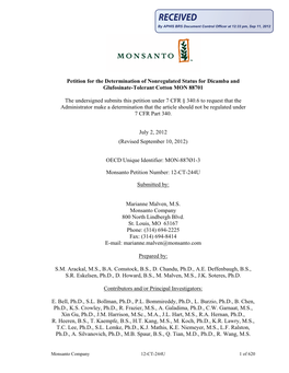 Petition for the Determination of Nonregulated Status for Dicamba and Glufosinate-Tolerant Cotton MON 88701
