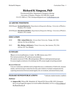 Richard K Simpson, Phd Post-Doctoral Fellow, Department of Integrative Biology University of Windsor, Windsor, on N9B 3P4, Canada 519-253-3000 Ext