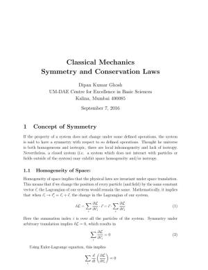 Classical Mechanics Symmetry and Conservation Laws
