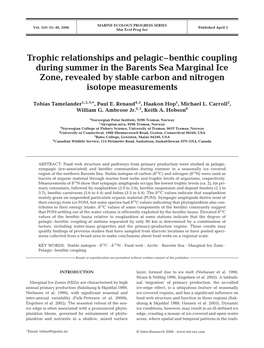 Trophic Relationships and Pelagic–Benthic Coupling During Summer in the Barents Sea Marginal Ice Zone, Revealed by Stable Carbon and Nitrogen Isotope Measurements