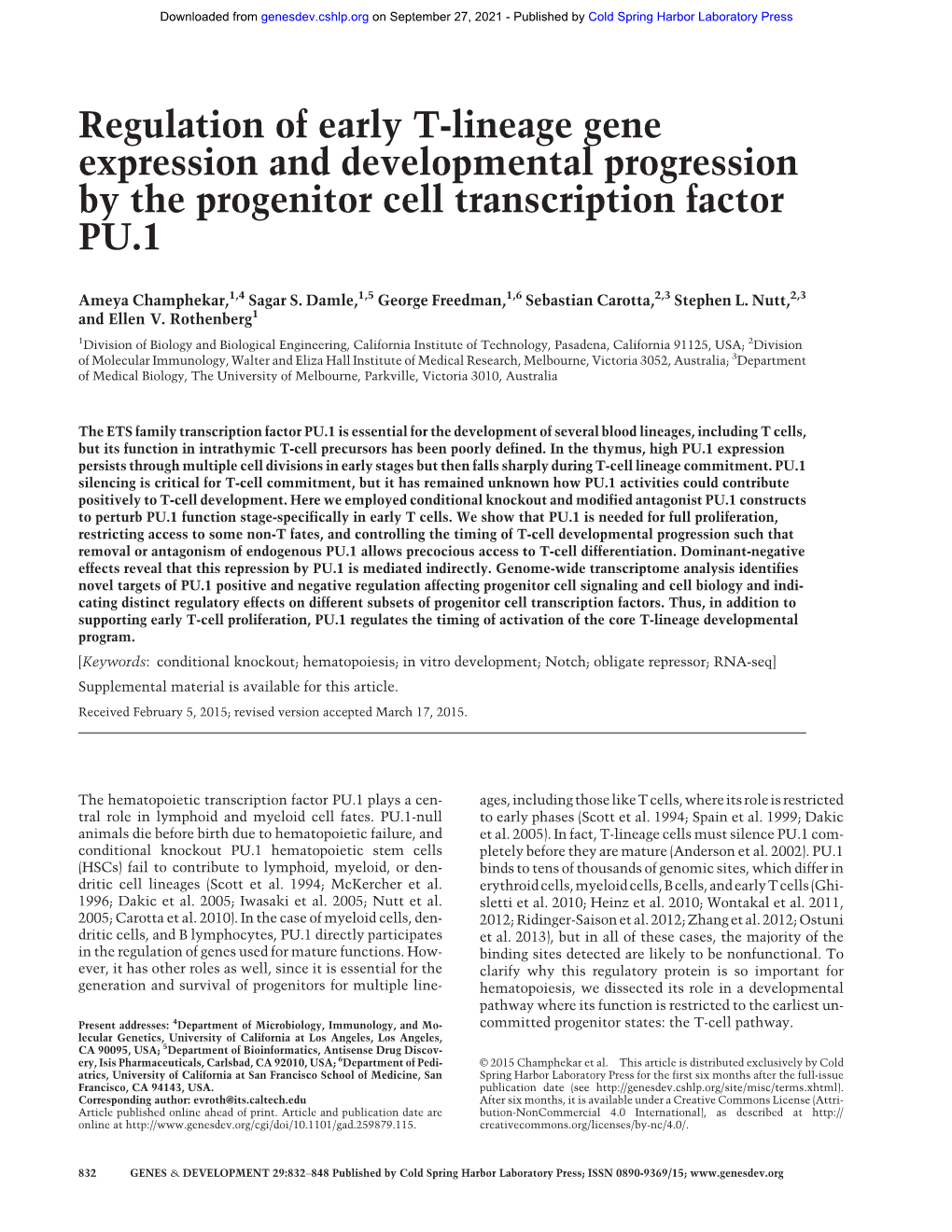 Regulation of Early T-Lineage Gene Expression and Developmental Progression by the Progenitor Cell Transcription Factor PU.1