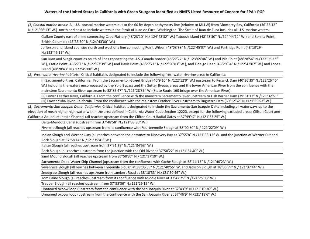 Waters of the United States in California with Green Sturgeon Identified As NMFS Listed Resource of Concern for EPA's PGP