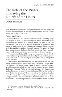 The Role of the Psalter in Praying the Liturgy of the Hours