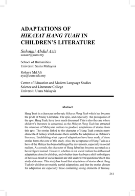 Adaptations of Hikayat Hang Tuah in Children's Literature