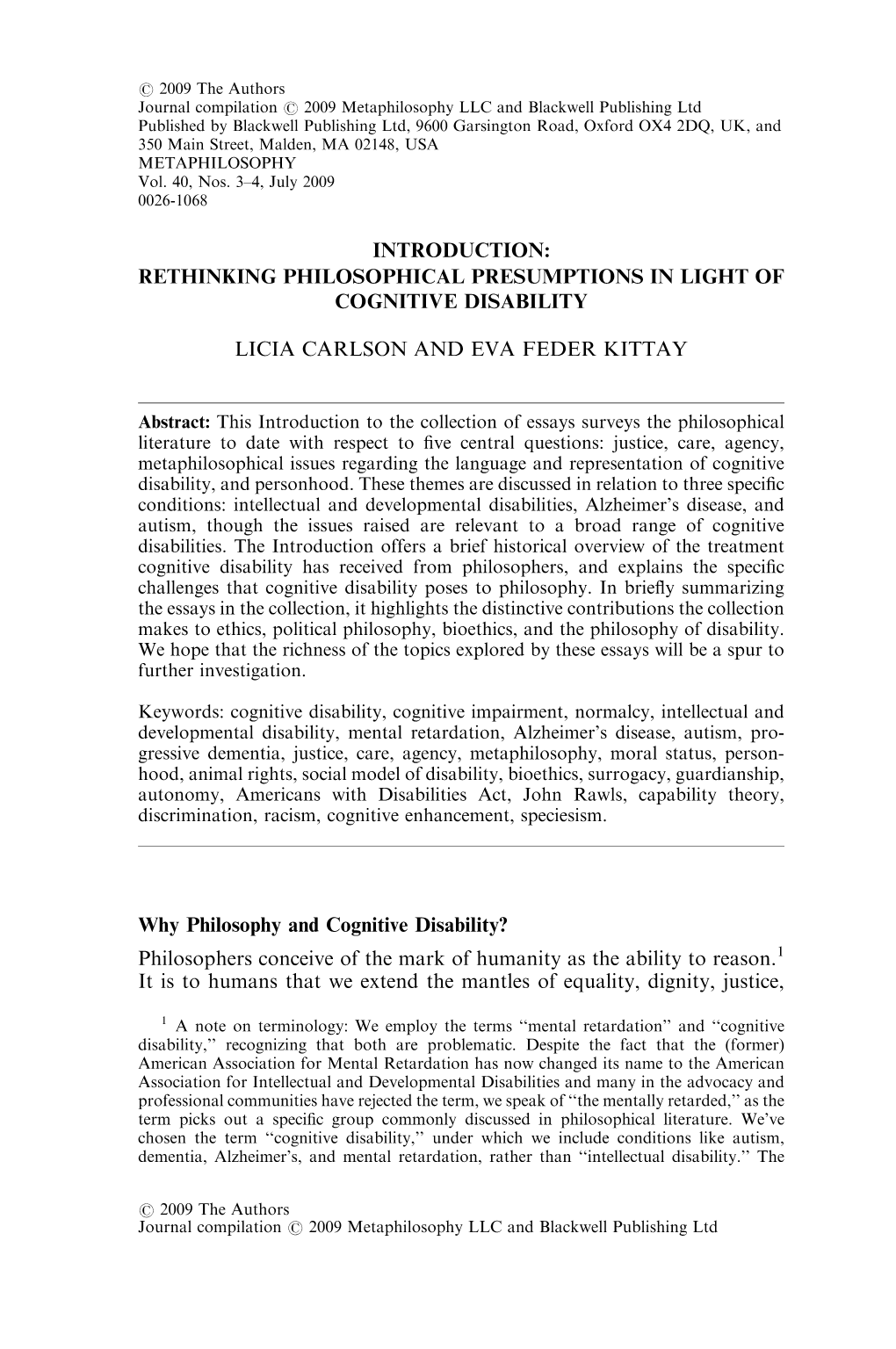 Introduction: Rethinking Philosophical Presumptions in Light of Cognitive Disability