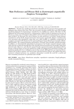 Mate Preference and Disease Risk in Zootermopsis Angusticollis (Isoptera: Termopsidae)