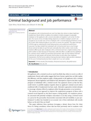 Criminal Background and Job Performance Dylan Minor, Nicola Persico and Deborah M