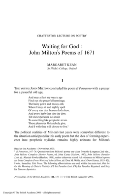 Waiting for God : John Milton's Poems of 1671