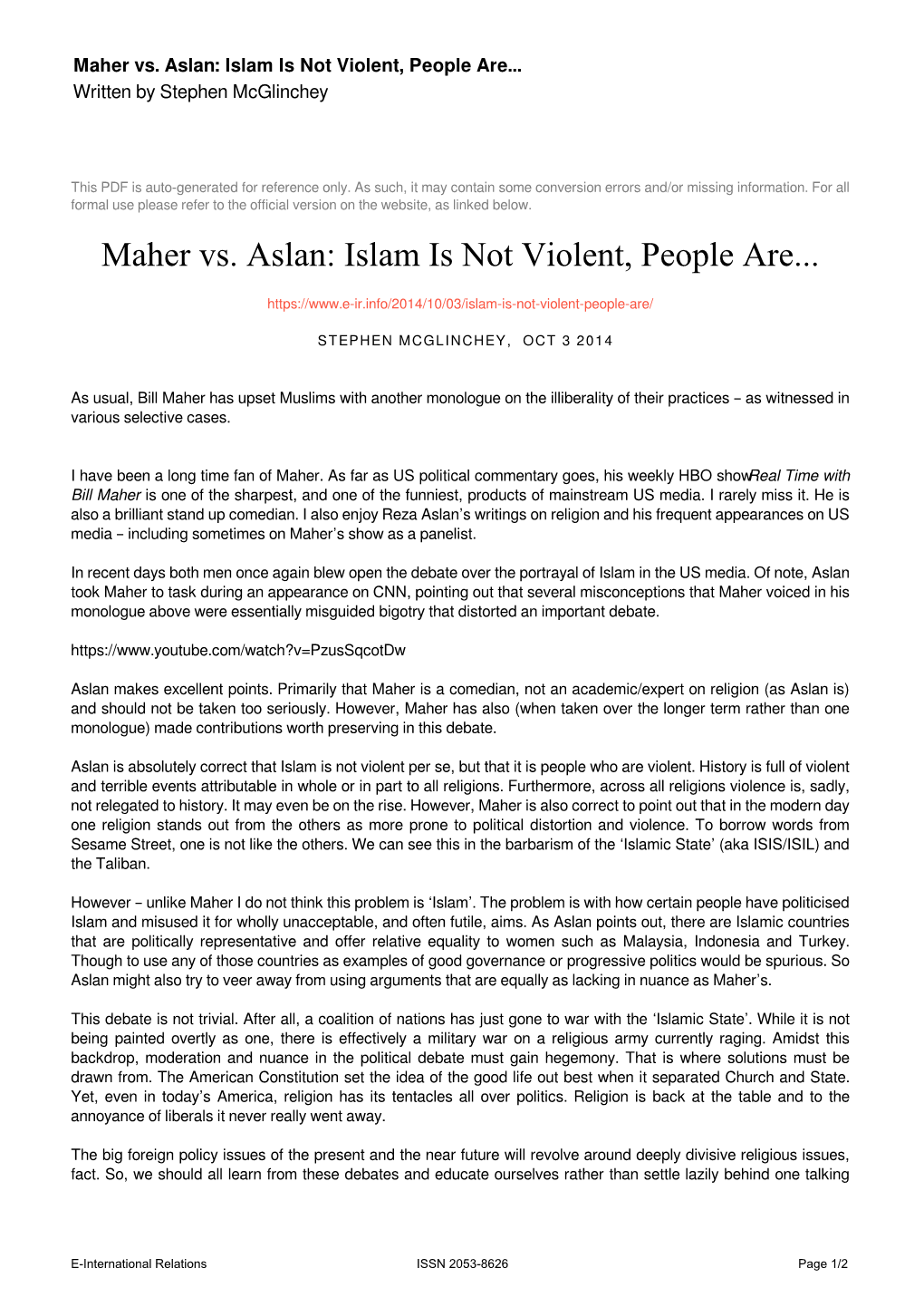 Maher Vs. Aslan: Islam Is Not Violent, People Are