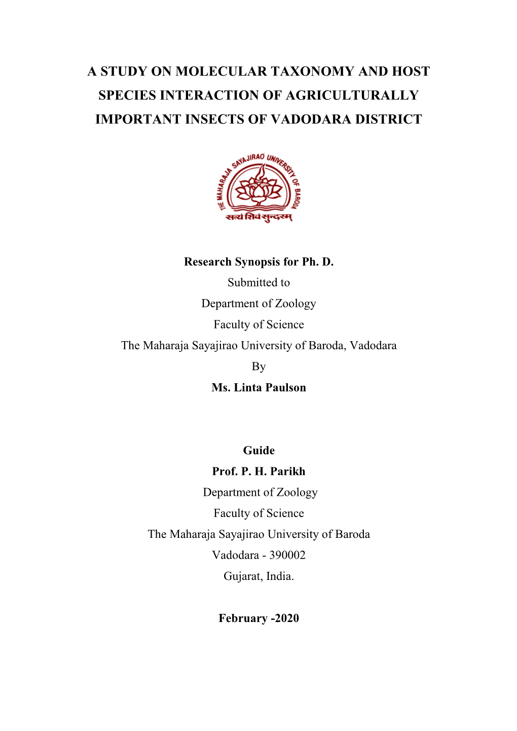 A Study on Molecular Taxonomy and Host Species Interaction of Agriculturally Important Insects of Vadodara District