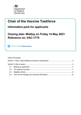 Role and Responsibilities of the Chair of the Vaccine Taskforce