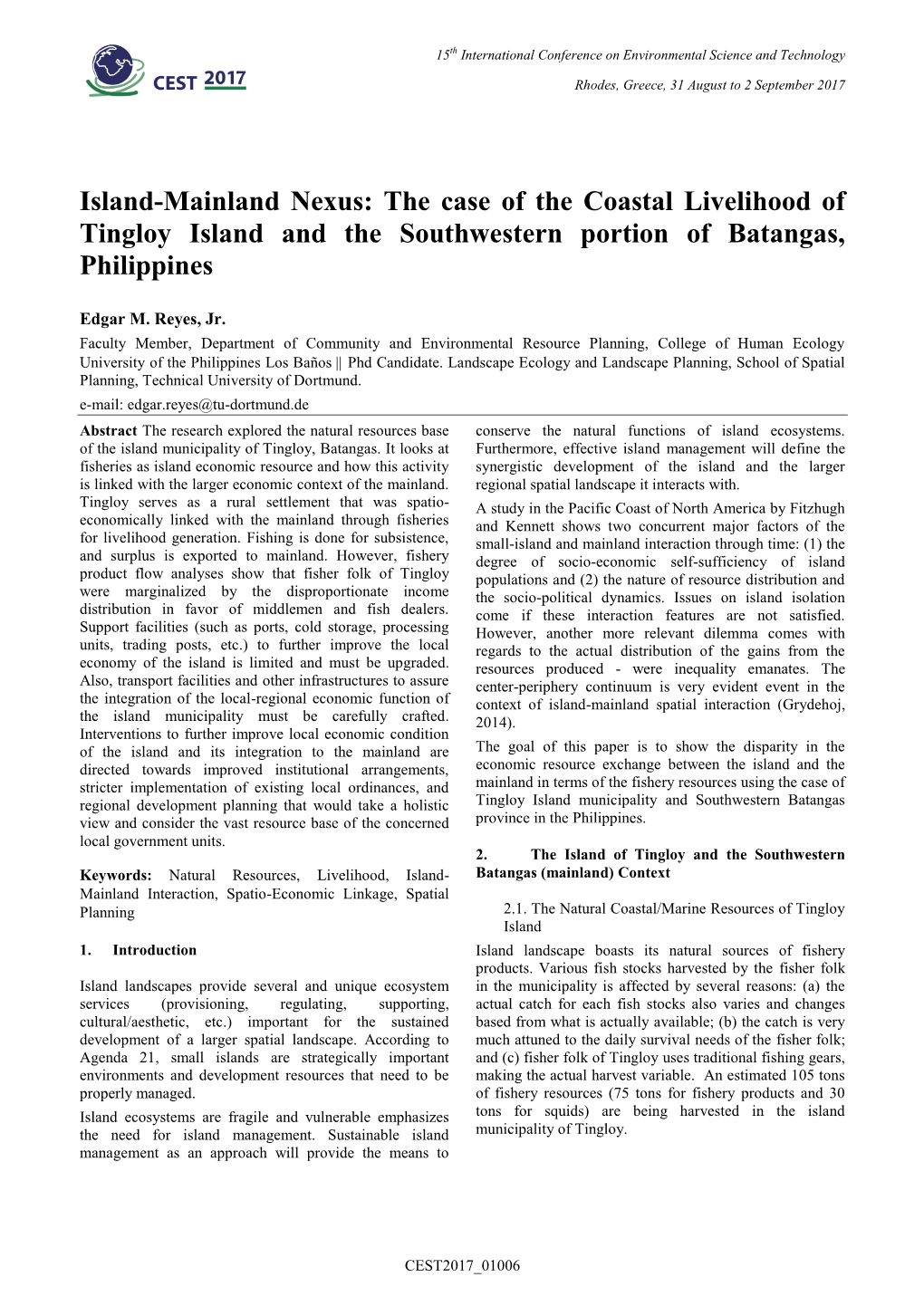 The Case of the Coastal Livelihood of Tingloy Island and the Southwestern Portion of Batangas, Philippines
