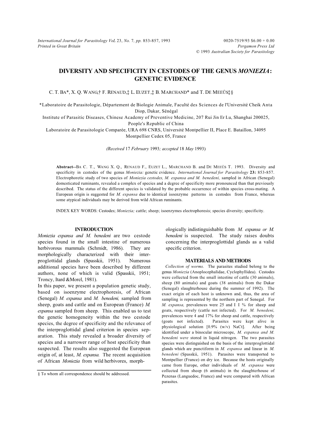 Diversity and Specificity in Cestodes of the Genus Moniezia: Genetic Evidence
