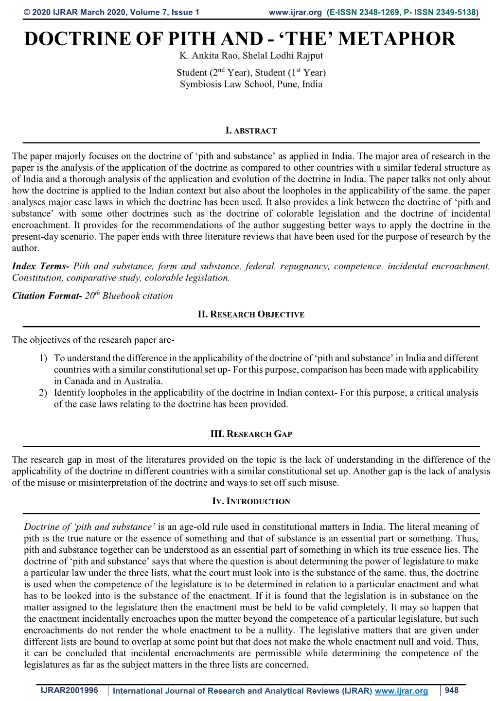 Doctrine of Pith and Substance- 'The' Metaphor