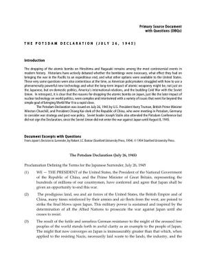 Primary Source Document with Questions (Dbqs) the POTSDAM DECLARATION (JULY 26, 1945) Introduction the Dropping of the Atomic Bo