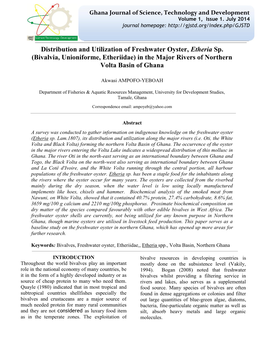 Distribution and Utilization of Freshwater Oyster, Etheria Sp. (Bivalvia, Unioniforme, Etheriidae) in the Major Rivers of Northern Volta Basin of Ghana