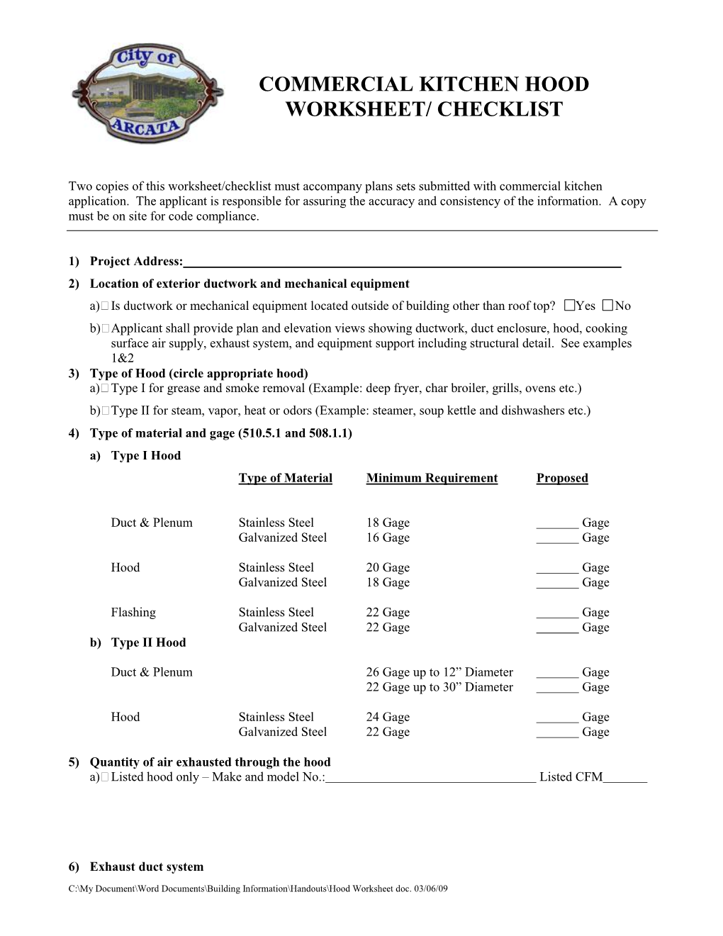 Commercial Kitchen Hood Worksheet/ Checklist