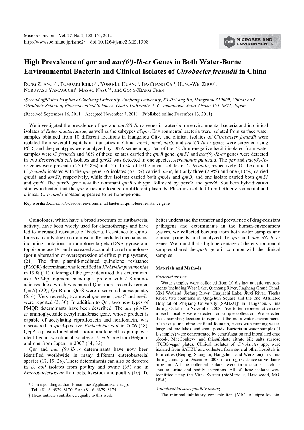 High Prevalence of Qnr and Aac(6')-Ib-Cr Genes in Both Water-Borne Environmental Bacteria and Clinical Isolates of Citrobacter Freundii in China