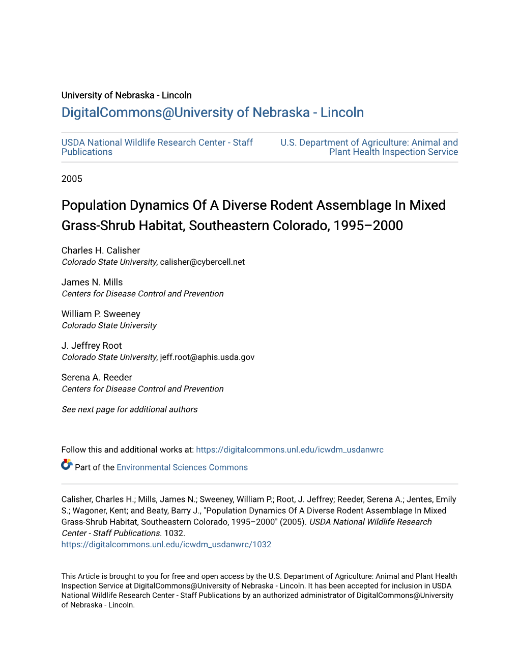 Population Dynamics of a Diverse Rodent Assemblage in Mixed Grass-Shrub Habitat, Southeastern Colorado, 1995–2000