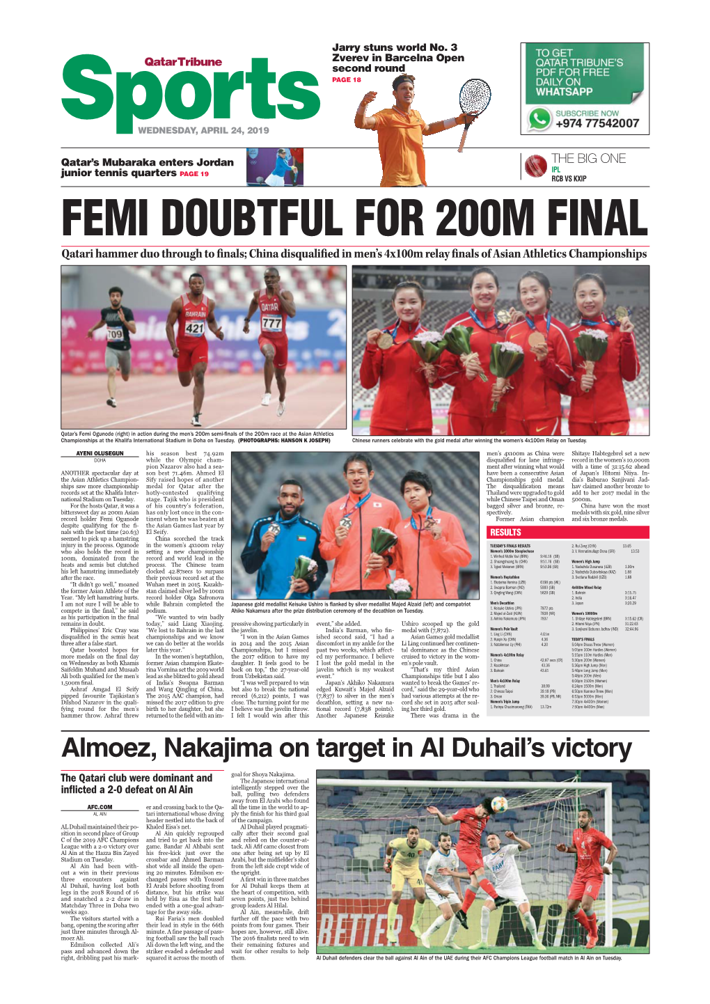 FEMI DOUBTFUL for 200M FINAL Qatari Hammer Duo Through to Finals; China Disqualified in Men’S 4X100m Relay Finals of Asian Athletics Championships