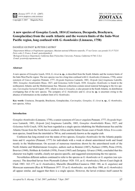 Zootaxa,A New Species of Goneplax Leach, 1814 (Crustacea, Decapoda