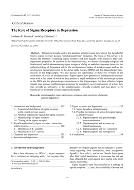 The Role of Sigma Receptors in Depression Jordanna E