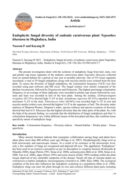 Endophytic Fungal Diversity of Endemic Carnivorous Plant Nepenthes Khasiana in Meghalaya, India