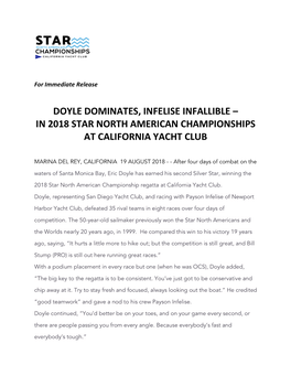 Doyle Dominates, Infelise Infallible – in 2018 Star North American Championships at California Yacht Club