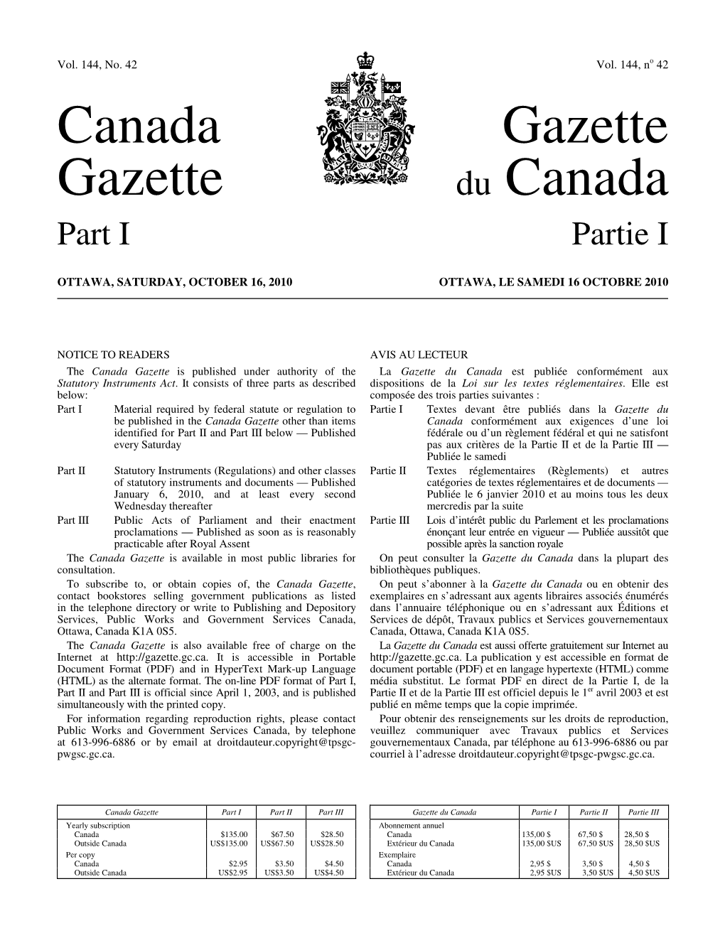Canada Gazette, Part I, on December 4, 2004