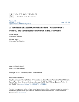 A Translation of Abdel-Muneim Ramadan's “Walt Whitman's Funeral,”