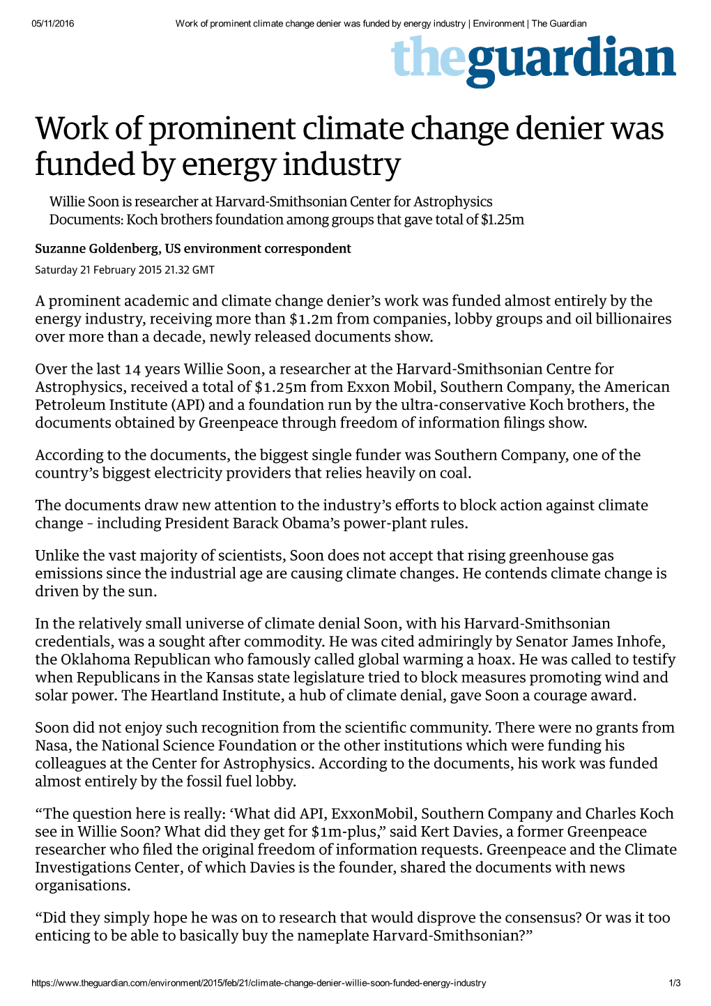 Work of Prominent Climate Change Denier Was Funded by Energy Industry | Environment | the Guardian