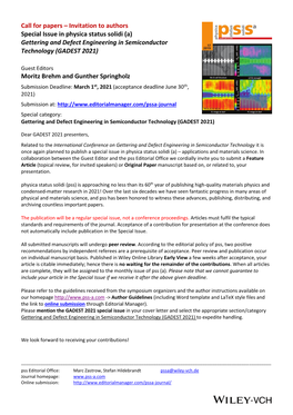 Call for Papers – Invitation to Authors Special Issue in Physica Status Solidi (A) Gettering and Defect Engineering in Semiconductor Technology (GADEST 2021)