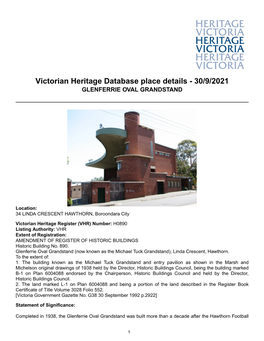 Victorian Heritage Database Place Details - 30/9/2021 GLENFERRIE OVAL GRANDSTAND