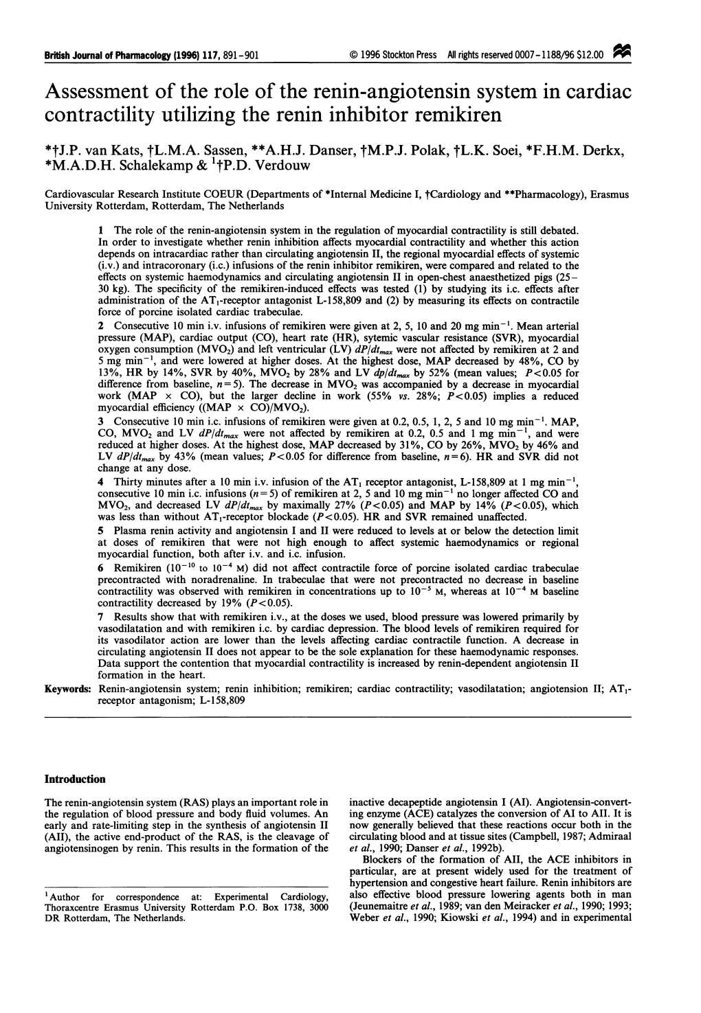 Assessment of the Role of the Renin-Angiotensin System in Cardiac Contractility Utilizing the Renin Inhibitor Remikiren *Tj.P