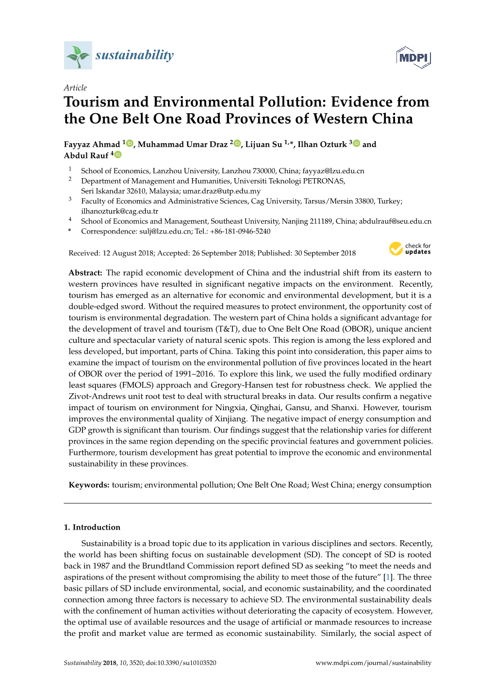 Tourism and Environmental Pollution: Evidence from the One Belt One Road Provinces of Western China