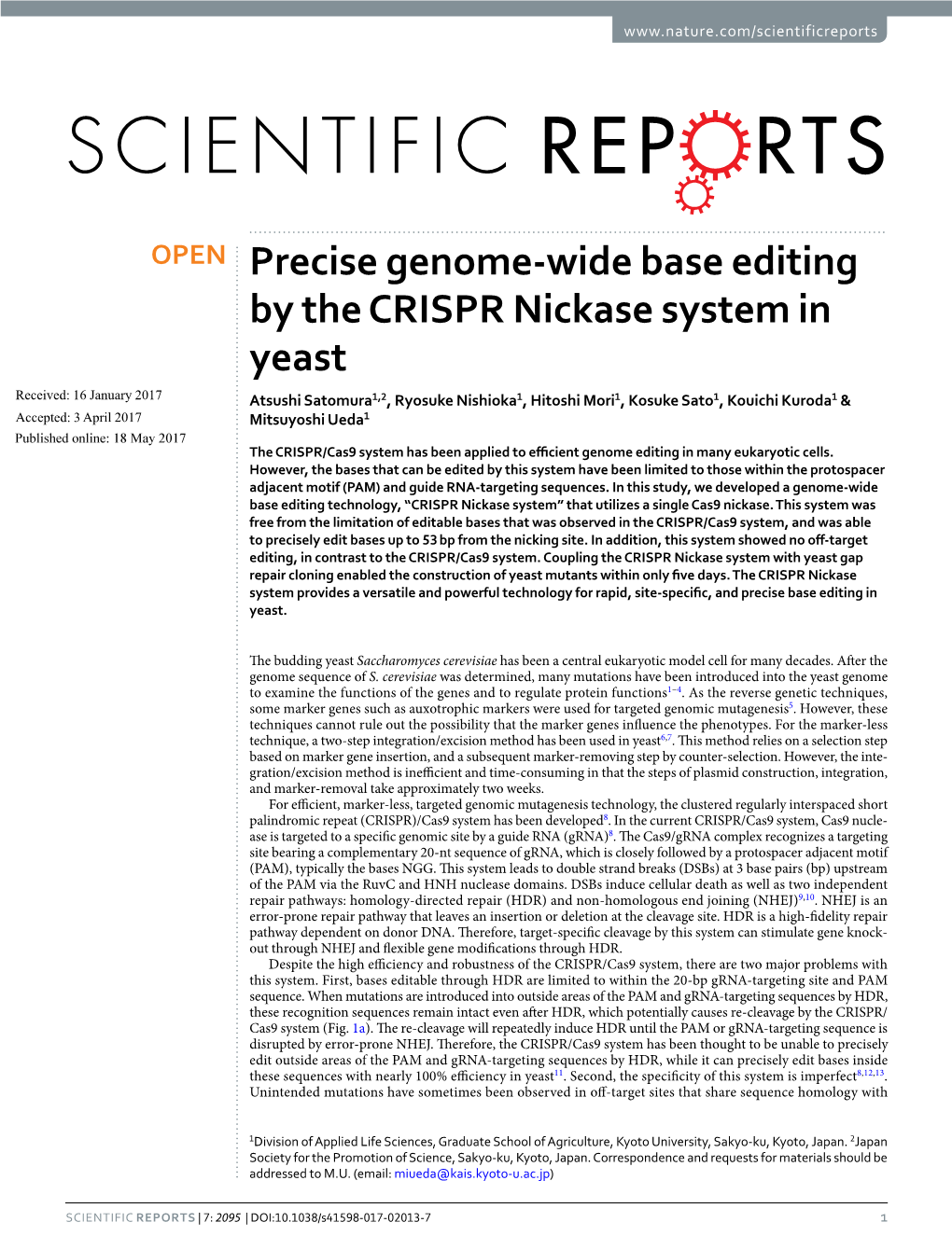 Precise Genome-Wide Base Editing by the CRISPR Nickase System in Yeast