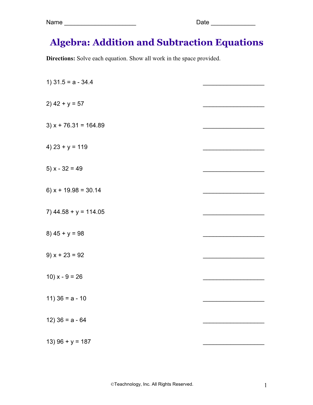 Algebra: Addition and Subtraction Equations