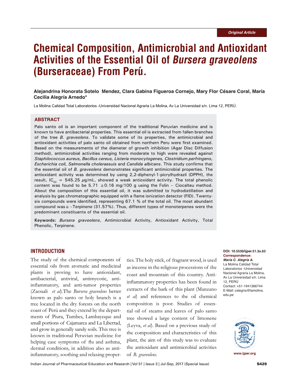 Chemical Composition, Antimicrobial and Antioxidant Activities of the Essential Oil of Bursera Graveolens (Burseraceae) from Perú