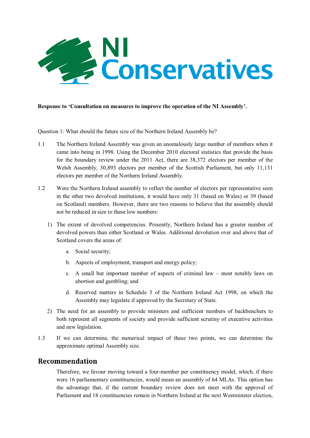 NI Conservatives Response