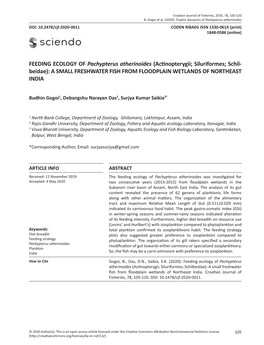 FEEDING ECOLOGY of Pachypterus Atherinoides (Actinopterygii; Siluriformes; Schil- Beidae): a SMALL FRESHWATER FISH from FLOODPLAIN WETLANDS of NORTHEAST INDIA