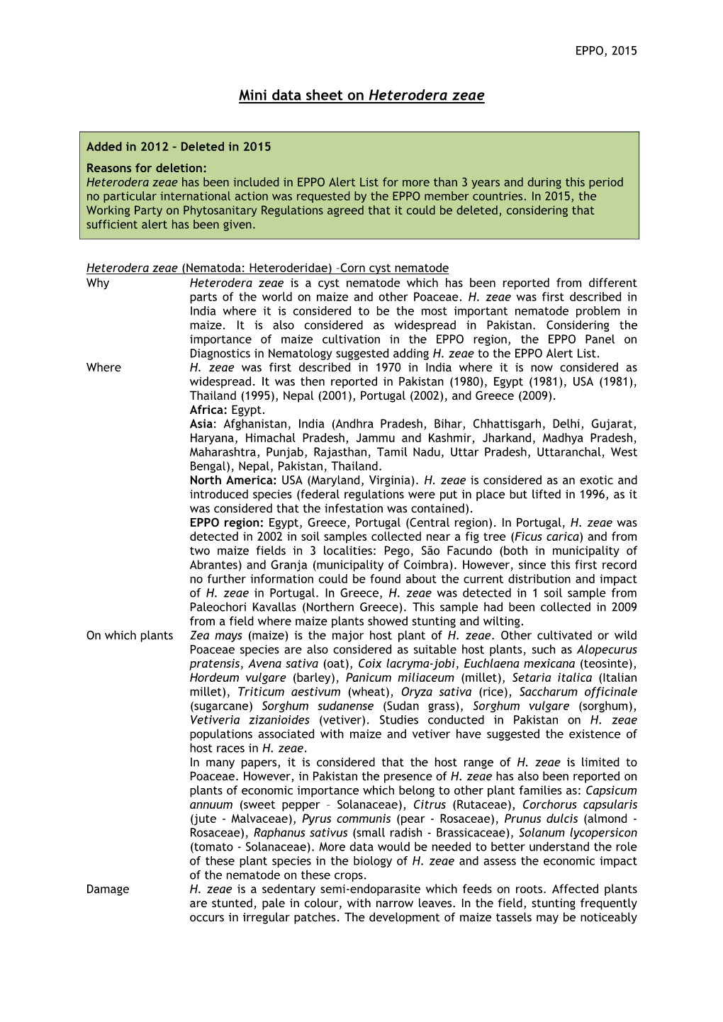 Mini Data Sheet on Heterodera Zeae