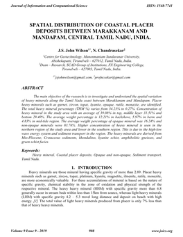 Spatial Distribution of Coastal Placer Deposits Between Marakkanam and Mandapam, Central Tamil Nadu, India
