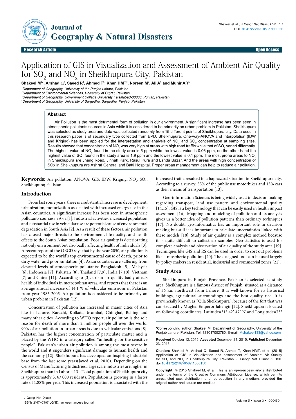 Application of GIS in Visualization and Assessment of Ambient Air Quality for SO2 and Nox in Sheikhupura City, Pakistan