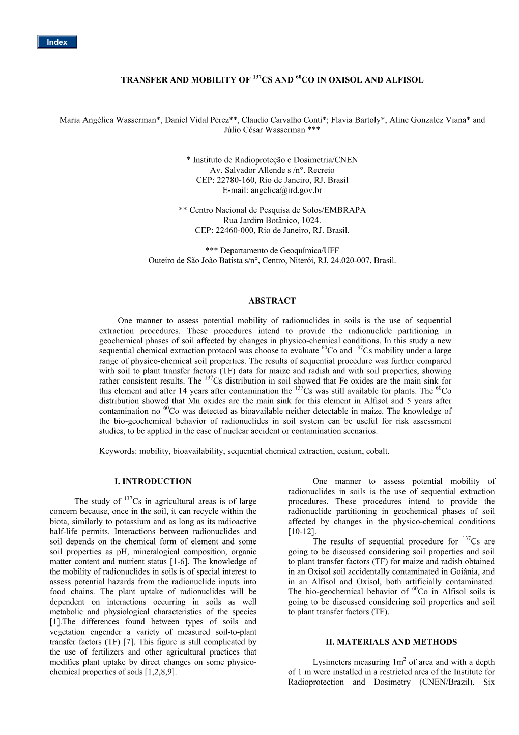 Transfer and Mobility of 137Cs and 60Co in Oxisol and Alfisol