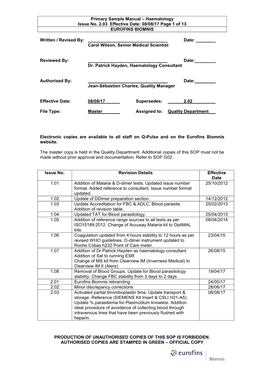 Primary Sample Manual – Haematology Issue No. 2.03 Effective Date: 08/08/17 Page 1 of 13 EUROFINS BIOMNIS PRODUCTION of UNAUT