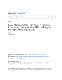 Large Mammals of the High Andes a Survey of Community Composition and Habitat Usage in the Highlands of Angochagua Sage Fox SIT Study Abroad