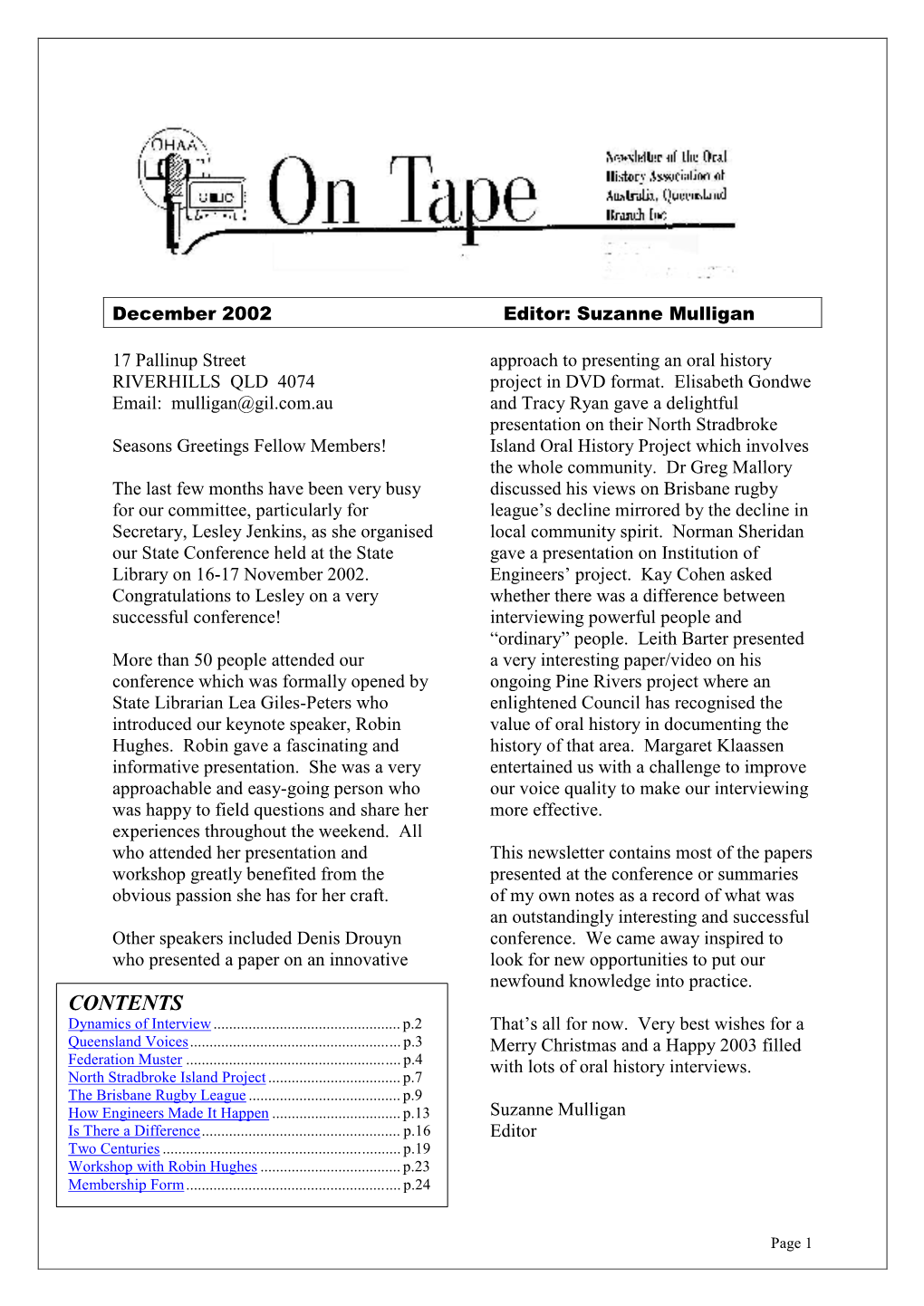 OHAA QLD Newsletter, December 2002 (Brisbane State Conference)